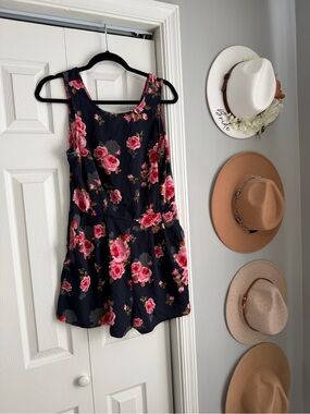 Navy Floral Sleeveless Romper with Pink Roses